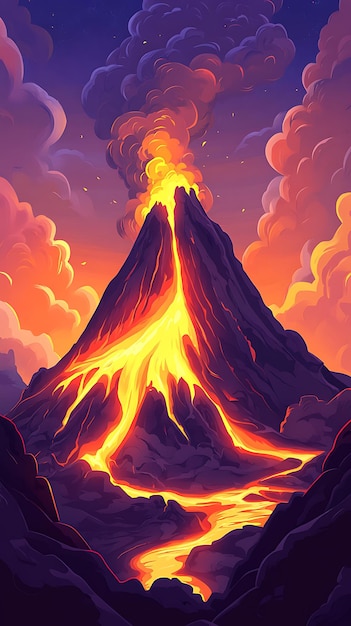 A vibrant illustration of an erupting volcano against a colorful sunset backdrop