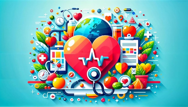 A vibrant illustration featuring a heart medical icons and a globe symbolizing global healthcare