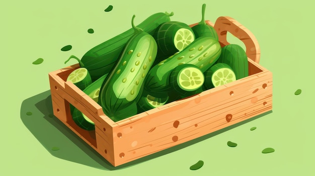 Photo vibrant illustration of fresh cucumbers in a rustic wooden crate perfect