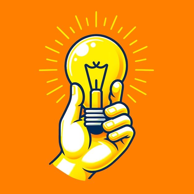 A vibrant illustration of a hand holding a glowing light bulb on an orange background