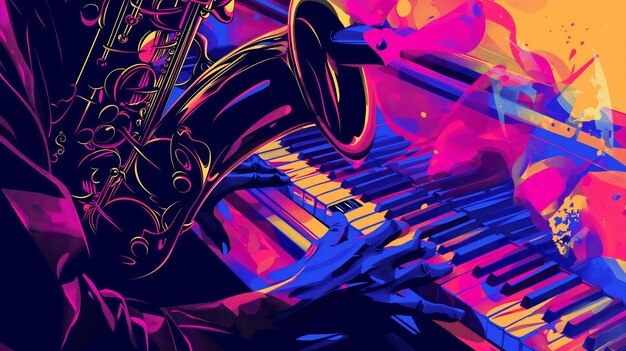 Photo vibrant illustration of hands playing a saxophone and piano with dynamic splashes of color