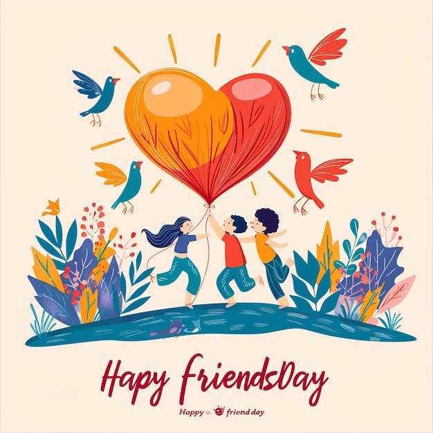 Photo a vibrant illustration of happy friends playing together celebrating world happy friendship day