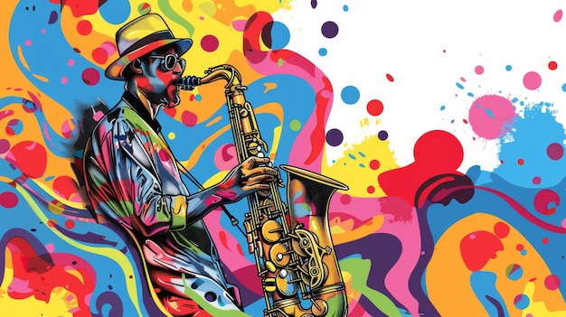 Photo a vibrant illustration of a jazz musician playing a saxophone surrounded by colorful abstract