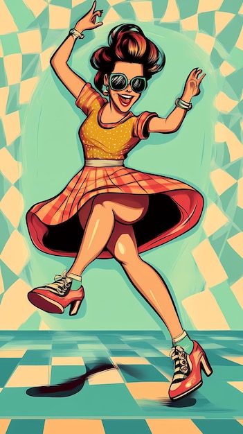 Photo a vibrant illustration of a joyful woman dancing in a retro outfit with a playful background