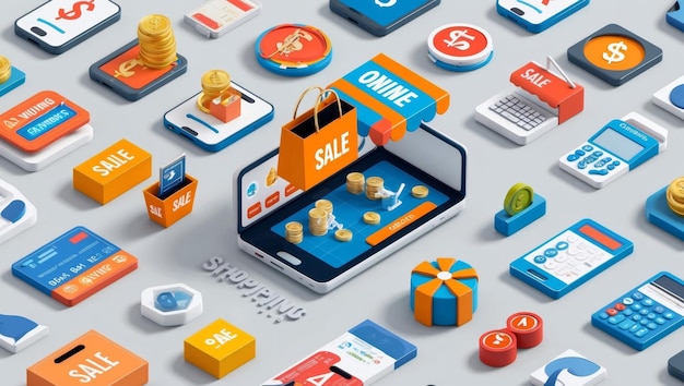 Vibrant illustration of online shopping and digital commerce concepts