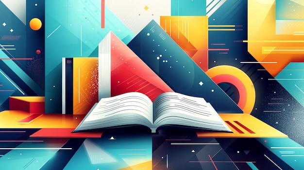 Photo a vibrant illustration of an open book amid abstract shapes and colors in a modern style