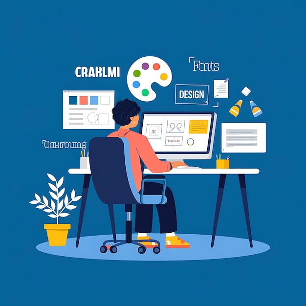 A vibrant illustration of a person working at a desk with a computer