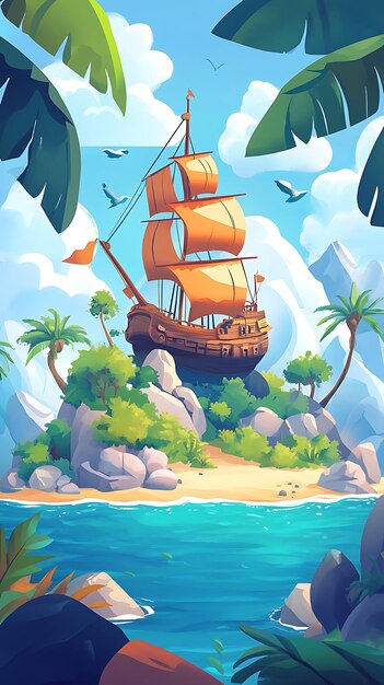 A vibrant illustration of a pirate ship on a tropical island with lush vegetation and mountains