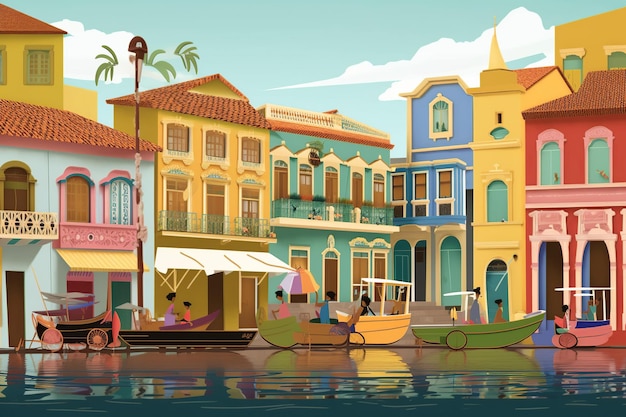 Vibrant illustration of Recife's historic center featuring colorful colonial buildings Capibaribe