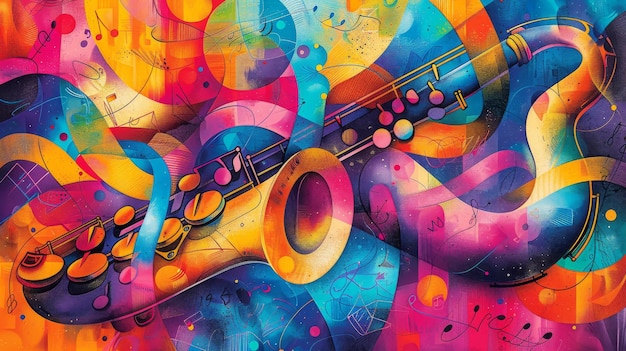 Photo a vibrant illustration of a saxophone intertwining with musical notes lively spirit of jazz music