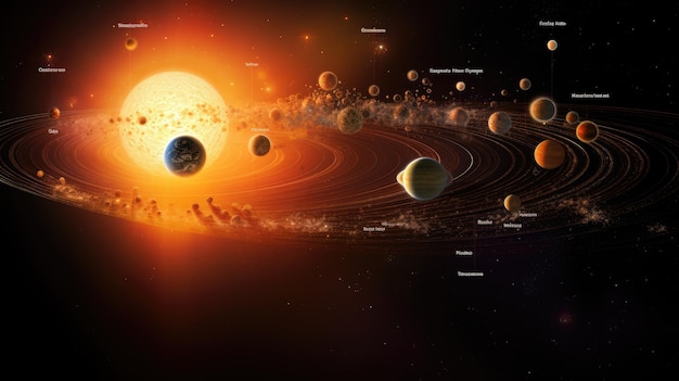 Photo a vibrant illustration of a star system with a bright fiery sun at the center surrounded by a multitude of planets and asteroids