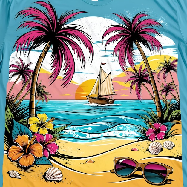 Vibrant illustration stylized summer travel and vacation tropical island destination Generate AI