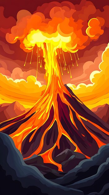 Photo a vibrant illustration of a volcanic eruption with flowing lava and dramatic clouds