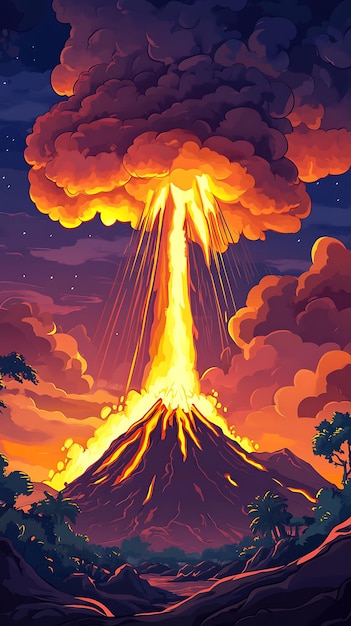 Photo a vibrant illustration of a volcano erupting with lava and clouds at sunset