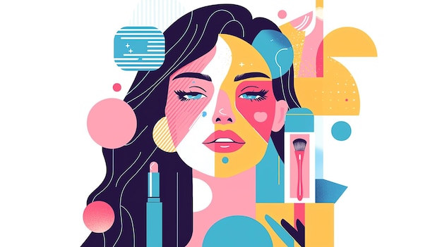 Vibrant illustration of a woman surrounded by colorful geometric shapes and beauty products embodying modern aesthetics and creativity