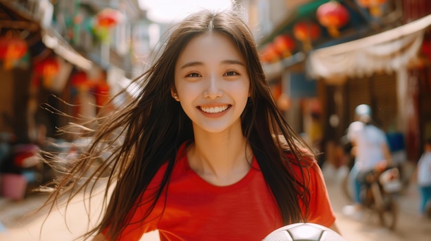 Vibrant image of an Asian teen girl playing football in the street