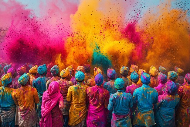 Photo a vibrant image capturing a group of people covered in a variety of colorful paint