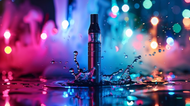 Vibrant image of an ecigarette amidst a splash of water with colorful bokeh