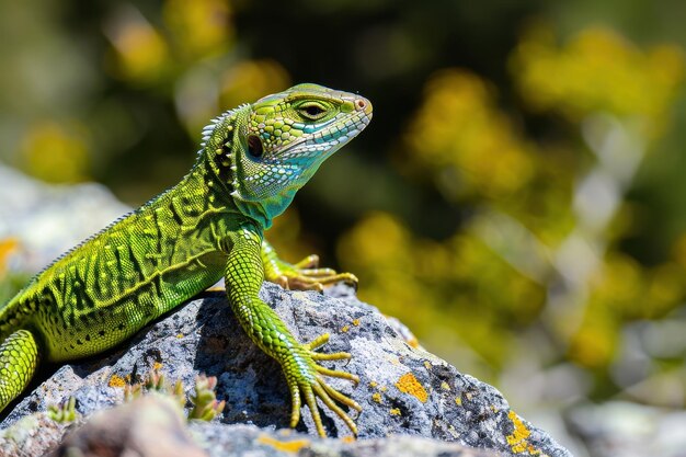 Photo a vibrant image of a european green lizard basking on a sunny rock