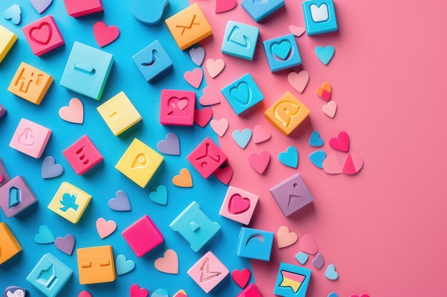 Photo a vibrant image featuring colorful social media icons scattered on a blue and pink background the image represents the current trends and engagement on social media platforms generative ai