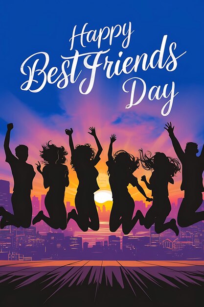 A vibrant image featuring silhouettes of friends jumping