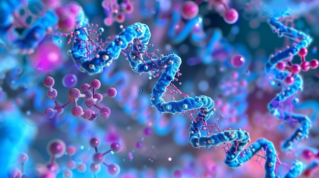 A vibrant image of gene expression through rna with different types of rna molecules interacting and