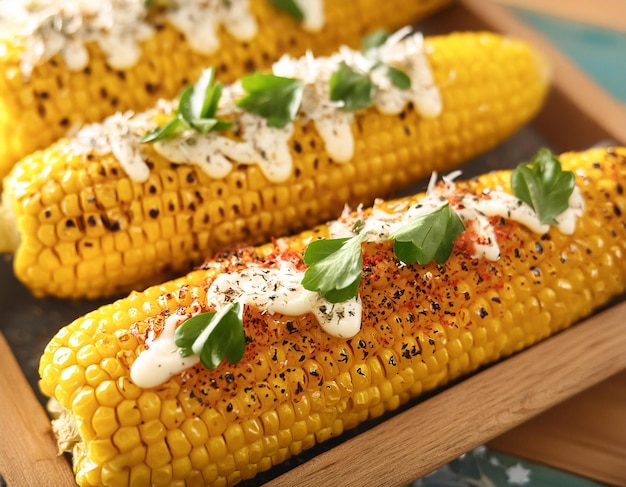 Photo vibrant image of grilled street corn elote with mayonnaise cotija cheese chili powder and cilan