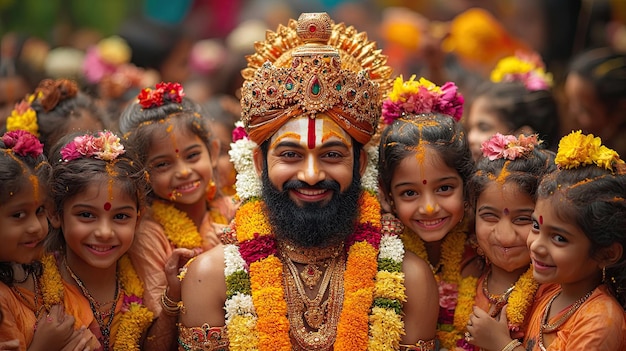 Photo vibrant image of king maveli adorned in traditional attire surrounded by happy children celebrating the festival of onam with a background of festive decorations