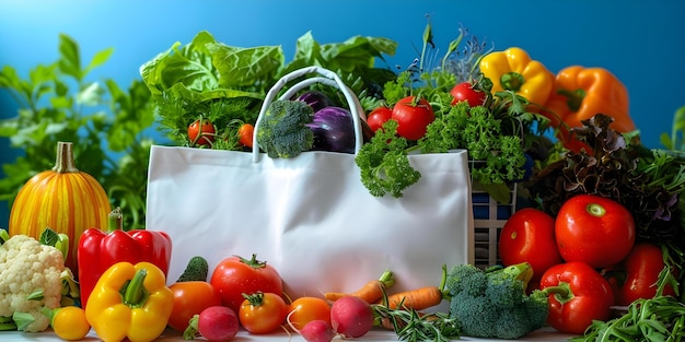 Vibrant image of white shopper bag with fresh vegetables on stylish table Concept Stylish Table Setting Fresh Vegetables White Shopper Bag Vibrant Image