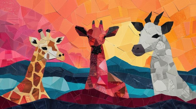 Photo vibrant and imaginative cut out collage artwork depicting a wildlife themed composition featuring co