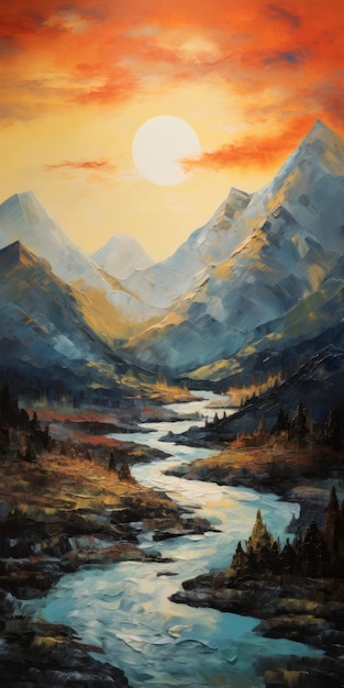 Vibrant Impasto Tranquil River Painting With Mountains In Warm Color Palette