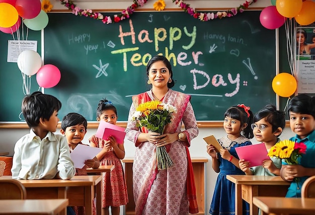 Photo vibrant indian classroom decorated for teachers day with joyful students and teacher