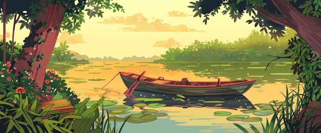 A Vibrant Indian Lake Scene With A Vintage Fishing Boat Cartoon style