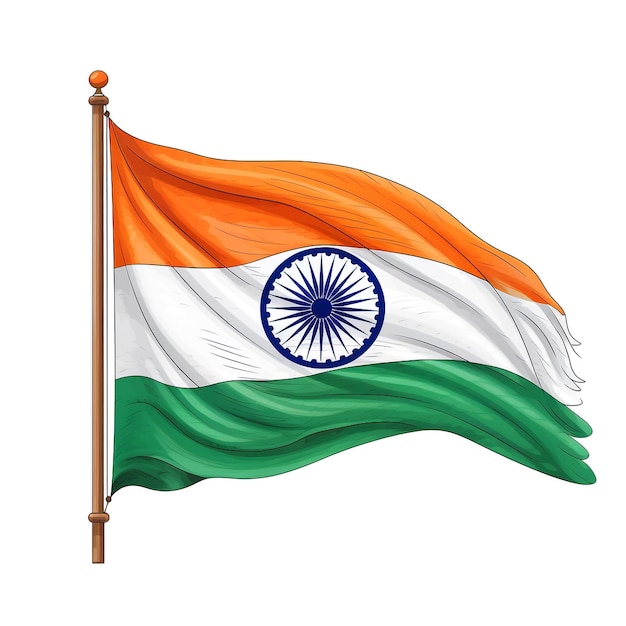 Vibrant Indian National Flag flying in the background of a beautiful blue sky with white clouds