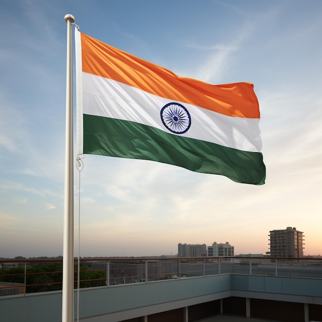 Vibrant Indian National Flag flying in the background of a beautiful blue sky with white clouds