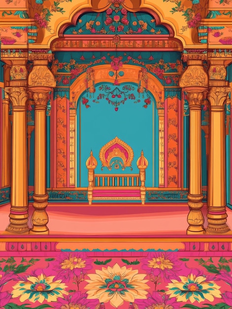 Vibrant Indian Palace Interior with Floral Decor A richly decorated Indian palace interior fe