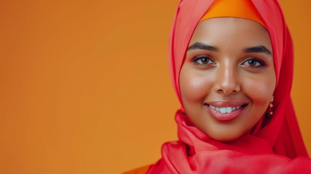 A vibrant Indian woman joyfully smiles while wearing a bright red headscarf in a flat studio setting