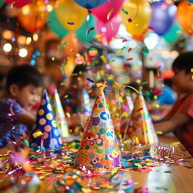 Vibrant indoor kids celebration bash Colorful streamers confetti and party hats