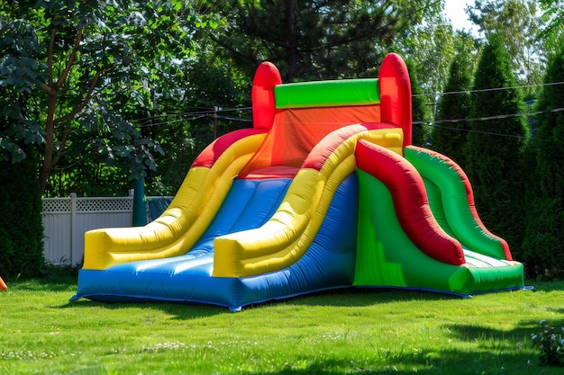 Vibrant inflatable bounce house in a sunny suburban backyard