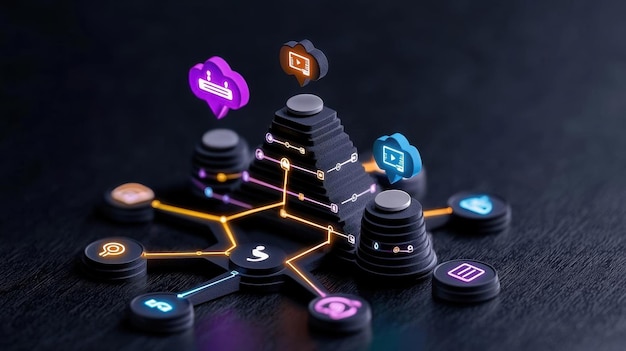 A vibrant infographic showing a companys hierarchical structure and the integration of social media platforms at each level