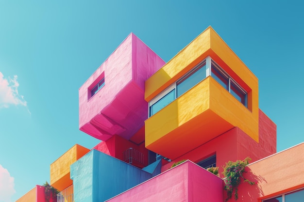 Photo vibrant interlocking architecture in a playful color palette under a bright blue sky