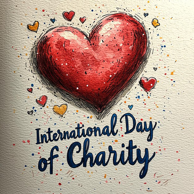 Vibrant International Day of Charity artwork with hearts and text