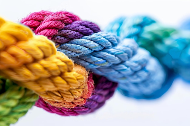 Vibrant intertwined ropes on white backdrop representing unity diversity and teamwork