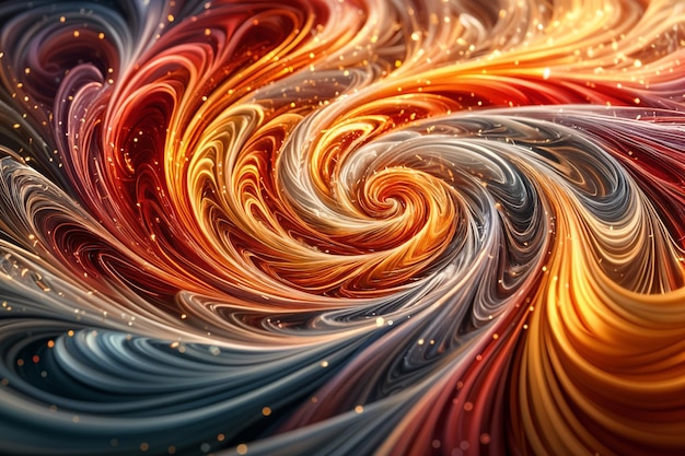 Photo vibrant and intricate spiral pattern composed of swirling colors predominantly reds oranges yellows and blues with hints of purple and white set against a darker background