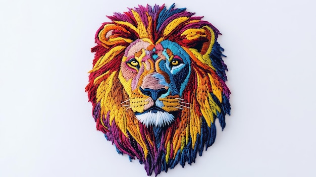 A vibrant intricately embroidered lion head showcasing colorful mane patterns blending artistry and nature in stunning detail