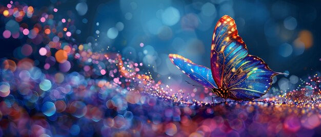 A vibrant iridescent butterfly resting on a bed of sparkling lights