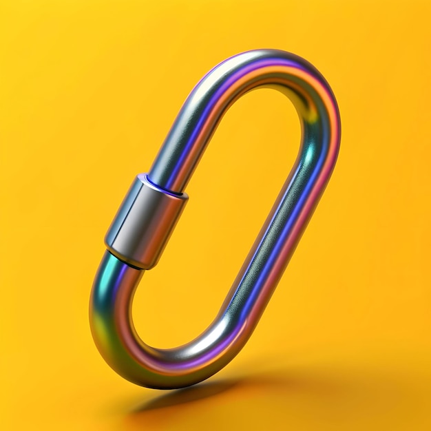 A vibrant iridescent carabiner clip isolated on a bright yellow background