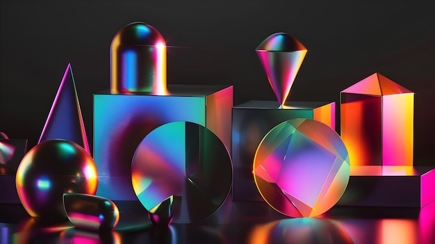 Vibrant Iridescent Geometric 3D Shapes on Dark Minimalist Background