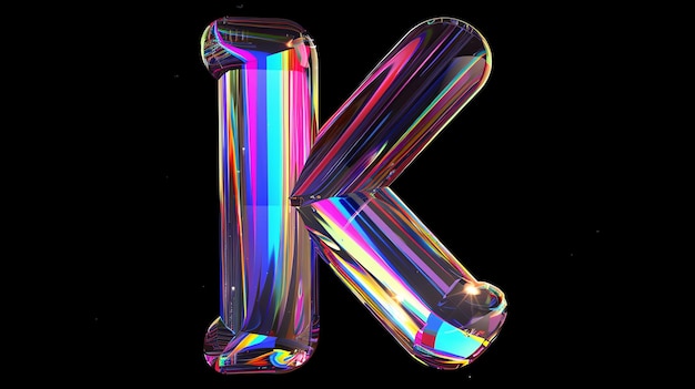 A vibrant iridescent letter K made of glass or plastic