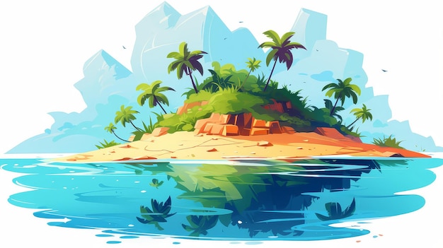 Photo vibrant island scene depicted in chibi style with cartoony drawings and vivid colors